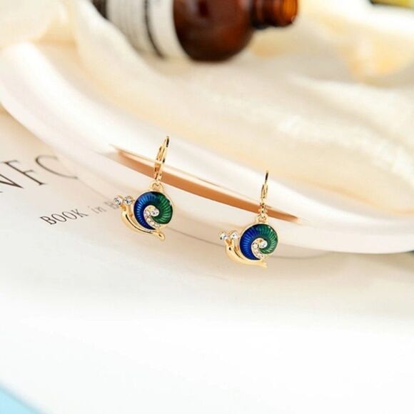 Enamel Glaze Snail White Crystal Leverback Dangle Statement Earrings - Picture 4 of 6